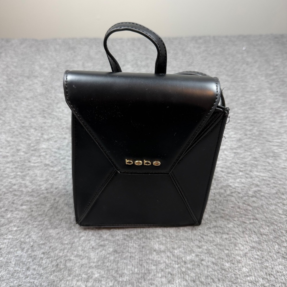 Bebe Mini Backpack Women's Small Black Faux‎ Leather Envelope Flap Gold Logo